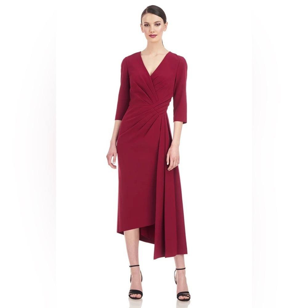 Kay Unger Berry Red Pleated Asymmetrical Midi Dress V-Neck 3/4 Sleeve Size 4